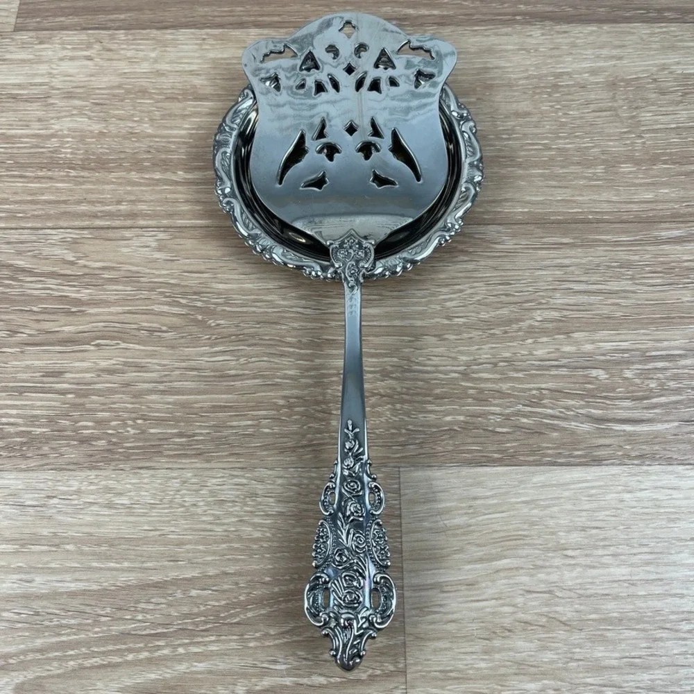 Vintage Silver Plated Ornate Floral Cake Server and Coaster Set Pierced Blade